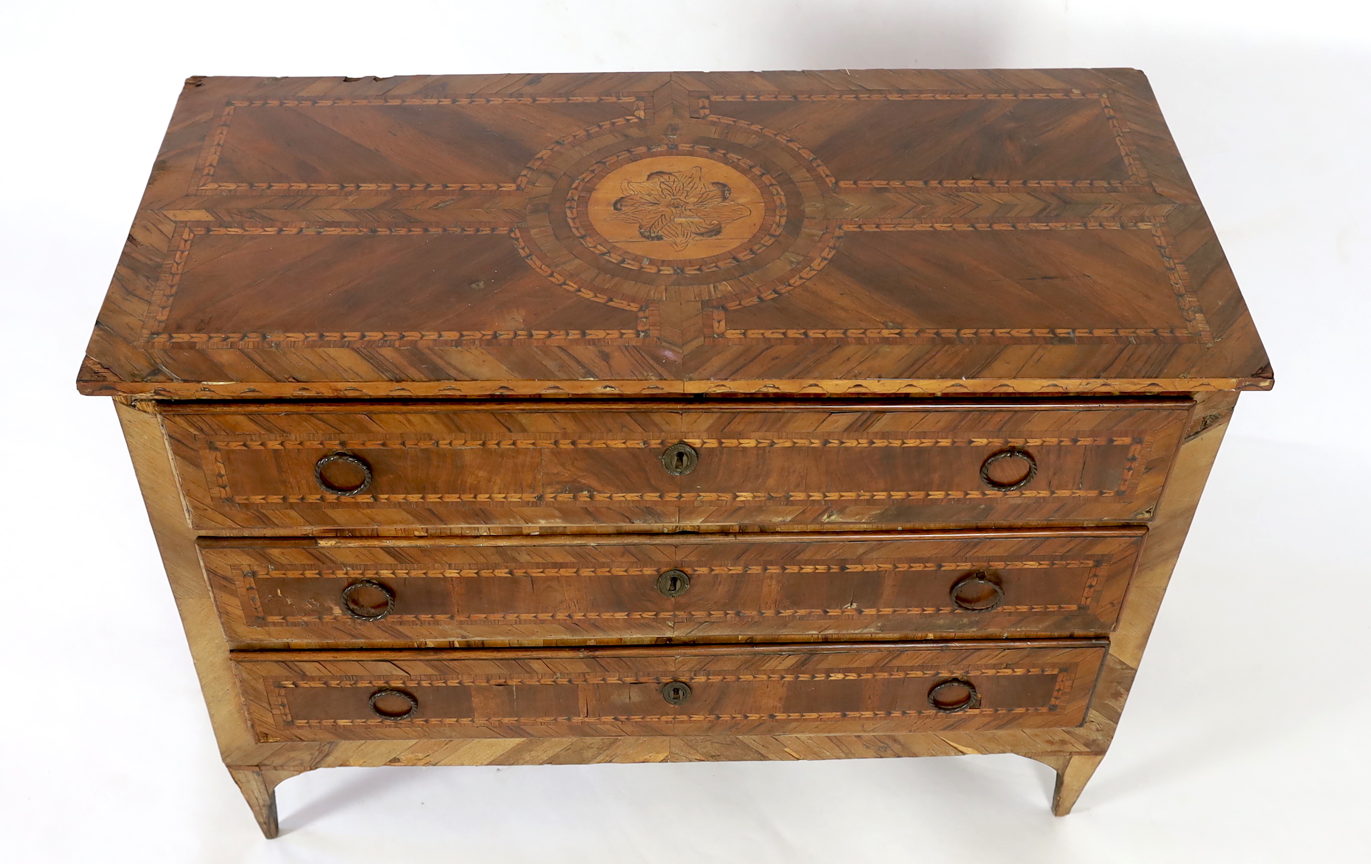 A late 18th century Italian olive wood and parquetry commode